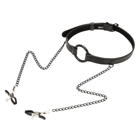 Restrained Open Mouth Gag with Nipple Clips