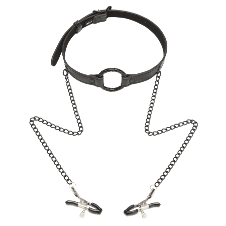 Restrained Open Mouth Gag with Nipple Clips