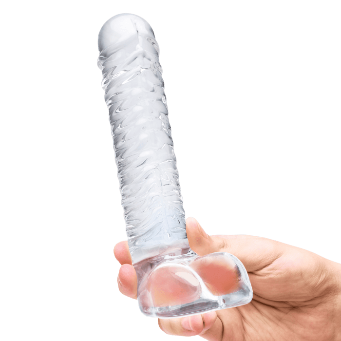 8" Realistic Ribbed Glass G-Spot Dildo with Balls