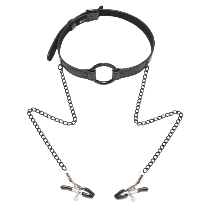 Restrained Open Mouth Gag with Nipple Clips
