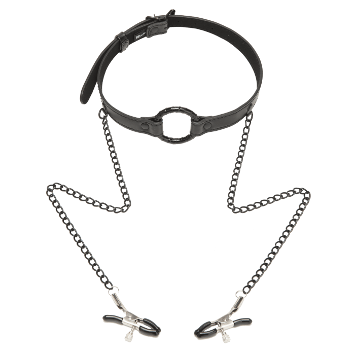 Restrained Open Mouth Gag with Nipple Clips